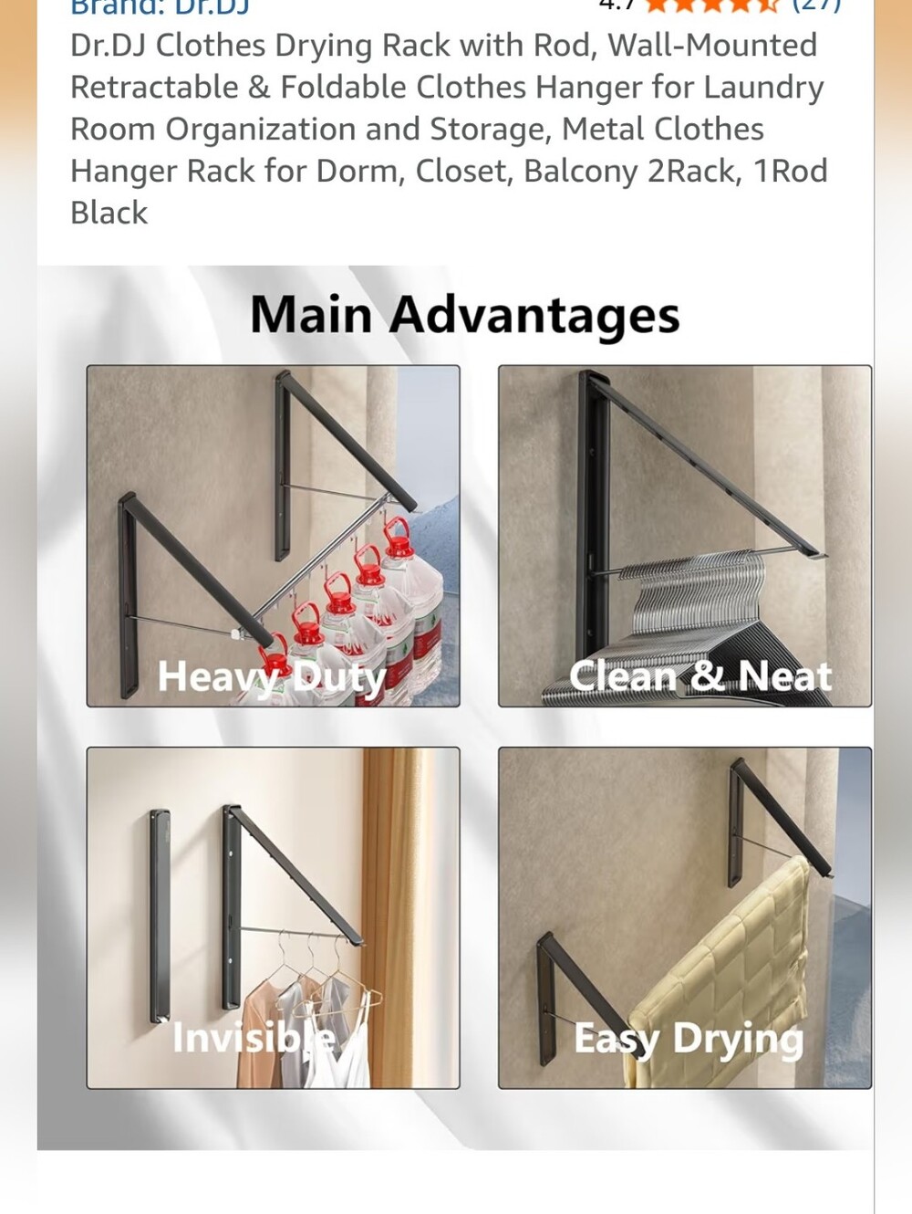 Amazon Wall-Mounted Retractable Clothes Rod Rack - Black - Picture 3 of 7